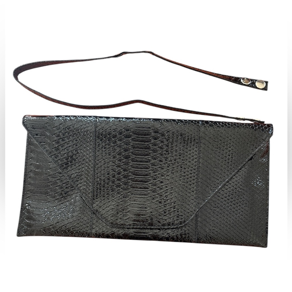 Black faux patent leather Snakeskin large envelope clutch shoulder strap